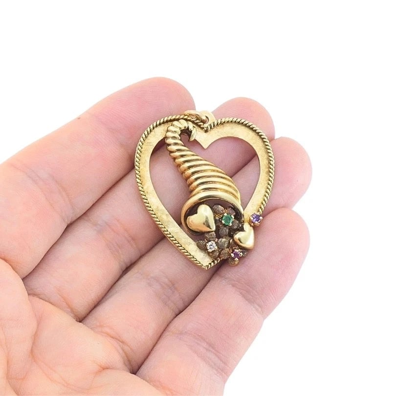 Vintage 14k Gold Heart Pendant Gemstone Cornucopia Design - 3