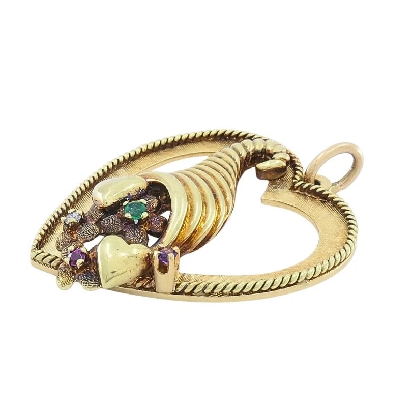 Vintage 14k Gold Heart Pendant Gemstone Cornucopia Design - 4