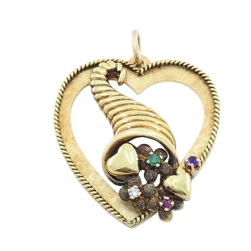 Vintage 14k Gold Heart Pendant Gemstone Cornucopia Design - 6
