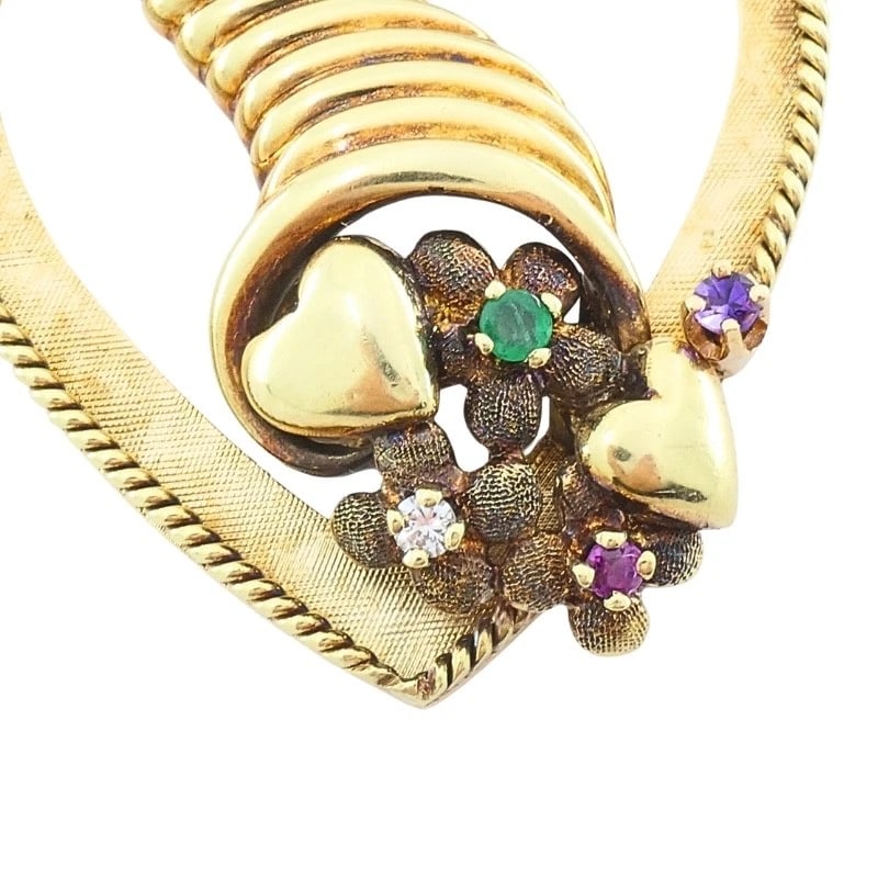 Vintage 14k Gold Heart Pendant Gemstone Cornucopia Design - 7