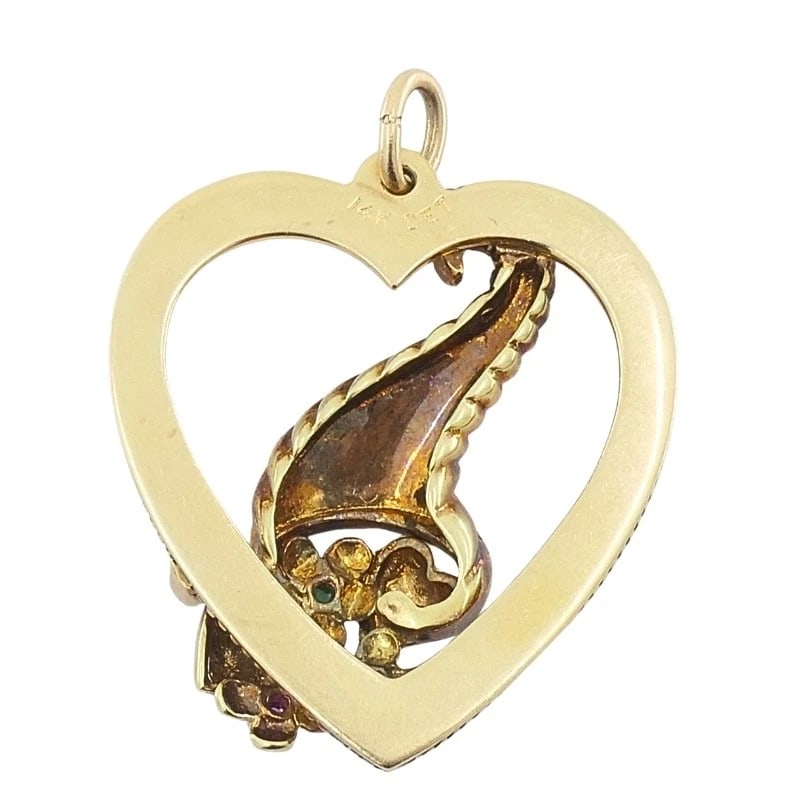 Vintage 14k Gold Heart Pendant Gemstone Cornucopia Design - 8