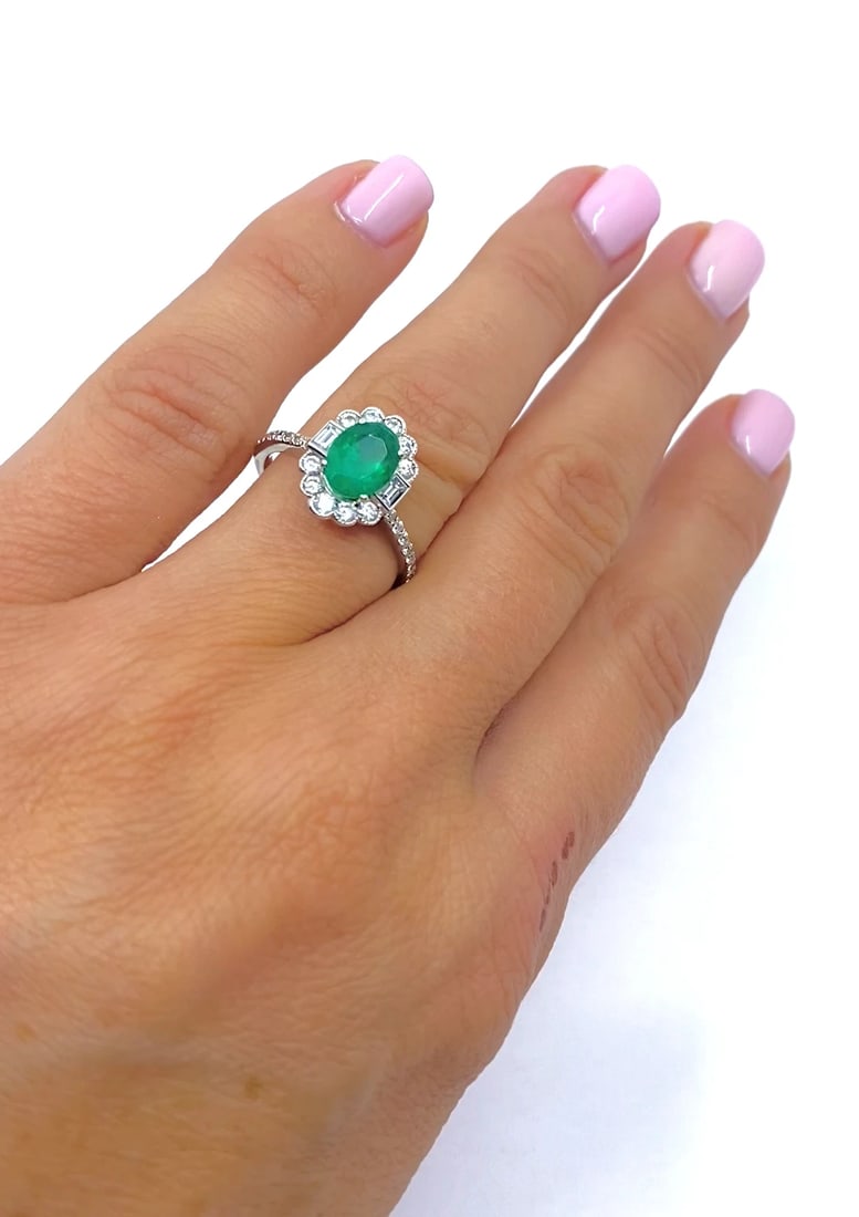 Emerald Ring 14k Gold Diamond Cluster Ring - 2