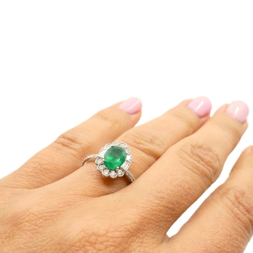 Emerald Ring 14k Gold Diamond Cluster Ring - 4
