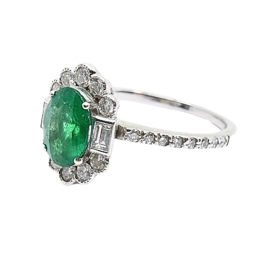 Emerald Ring 14k Gold Diamond Cluster Ring - 5
