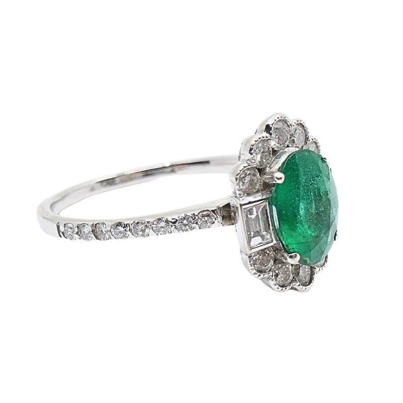 Emerald Ring 14k Gold Diamond Cluster Ring - 6
