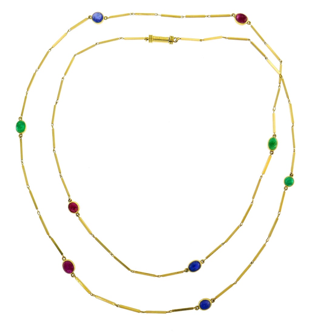 David WEBB Station NECKLACE Cabochon 18k Gold Vintage Estate Jewelry: Title: David WEBB Station NECKLACE Cabochon 18k Gold Vintage Estate Jewelry Description: DAVD WEBB 18 karat Yellow old Cabochon Ruby Sapphire Emerald Necklace A chic David Webb station necklace, made