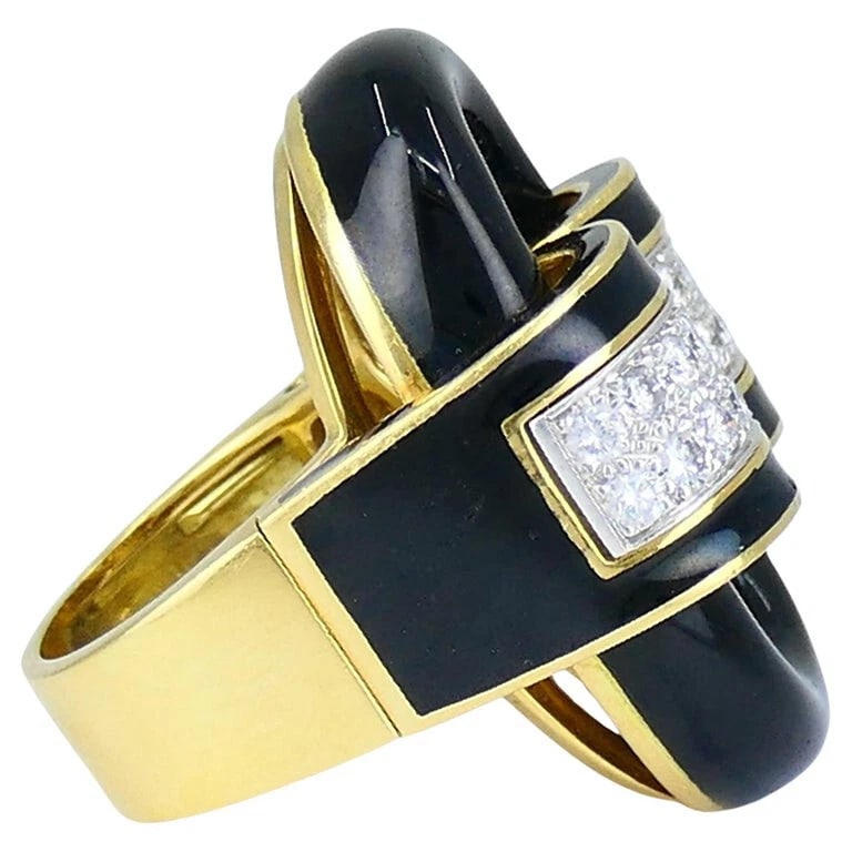 David Webb RING Diamond Gold Black Enamel Vintage Estate Jewelry - 6