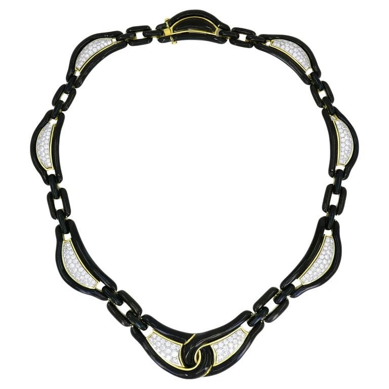 David Webb NECKLACE Diamond Gold Black Enamel Vintage Estate Jewelry: Title: David Webb NECKLACE Diamond Gold Black Enamel Vintage Estate Jewelry Description: ADAVD WEBB 18 karat Yellow old Platinum Diamond Enamel Necklace A dramatic David Webb necklace, made of 18k gol