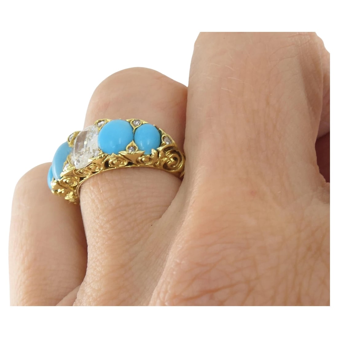 Turquoise Ring Antique Diamond Ring 18k Gold - 9