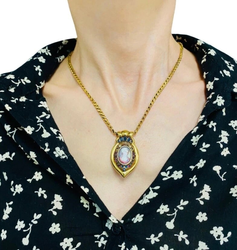 Antique Portrait Miniature Pendant and 14k Gold Chain Necklace - 2