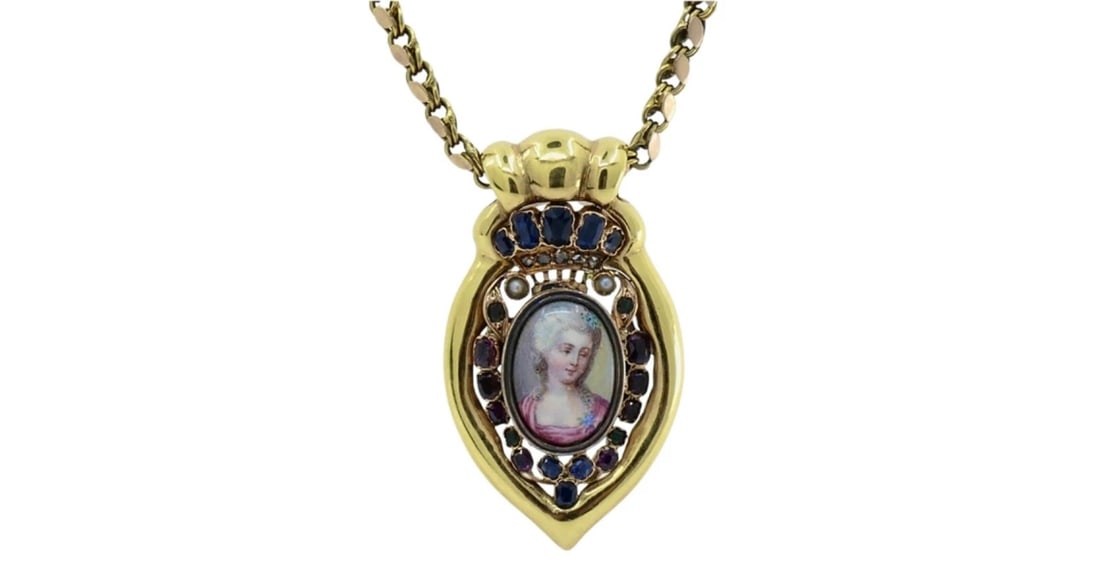 Antique Portrait Miniature Pendant and 14k Gold Chain Necklace - 4