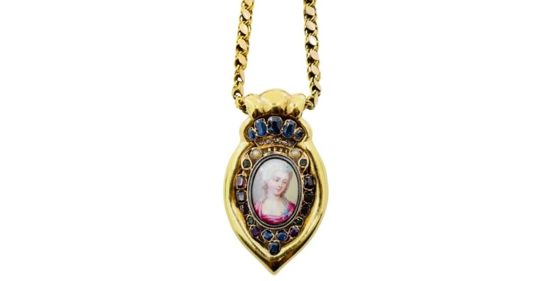 Antique Portrait Miniature Pendant and 14k Gold Chain Necklace - 9