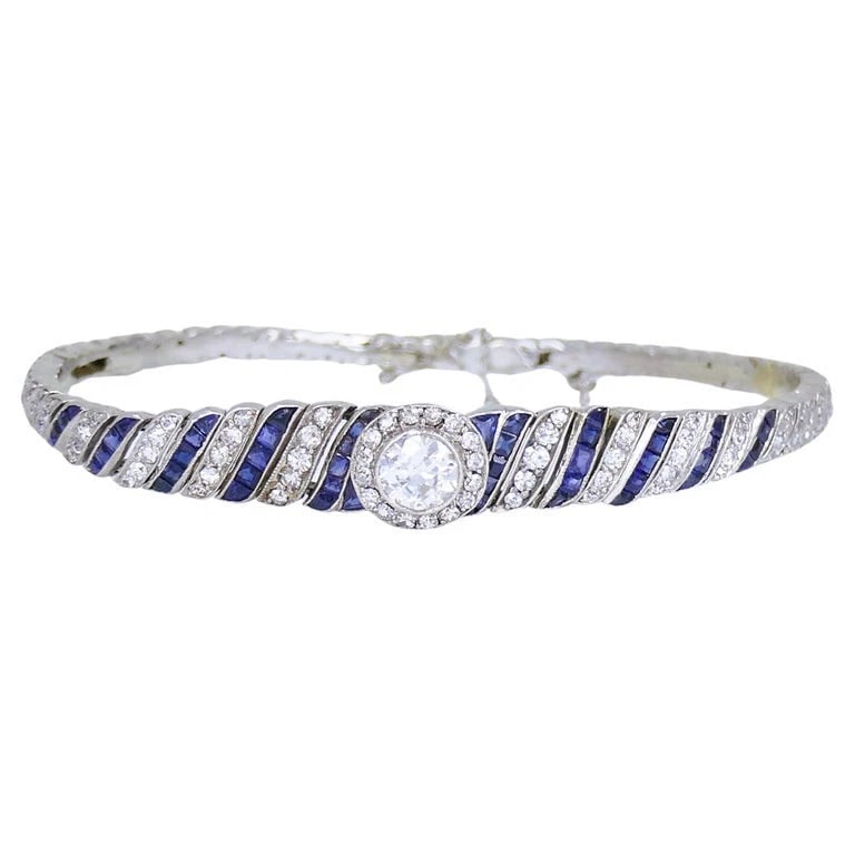 Art Deco Platinum BRACELET Old European Cut Diamond Sapphire Estate Jewelry - 4
