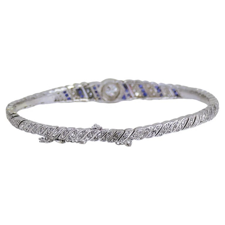 Art Deco Platinum BRACELET Old European Cut Diamond Sapphire Estate Jewelry - 6