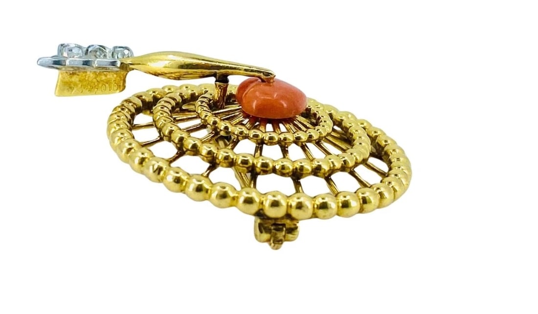 French Vintage Gold Brooch Coral Heart Diamond - 2