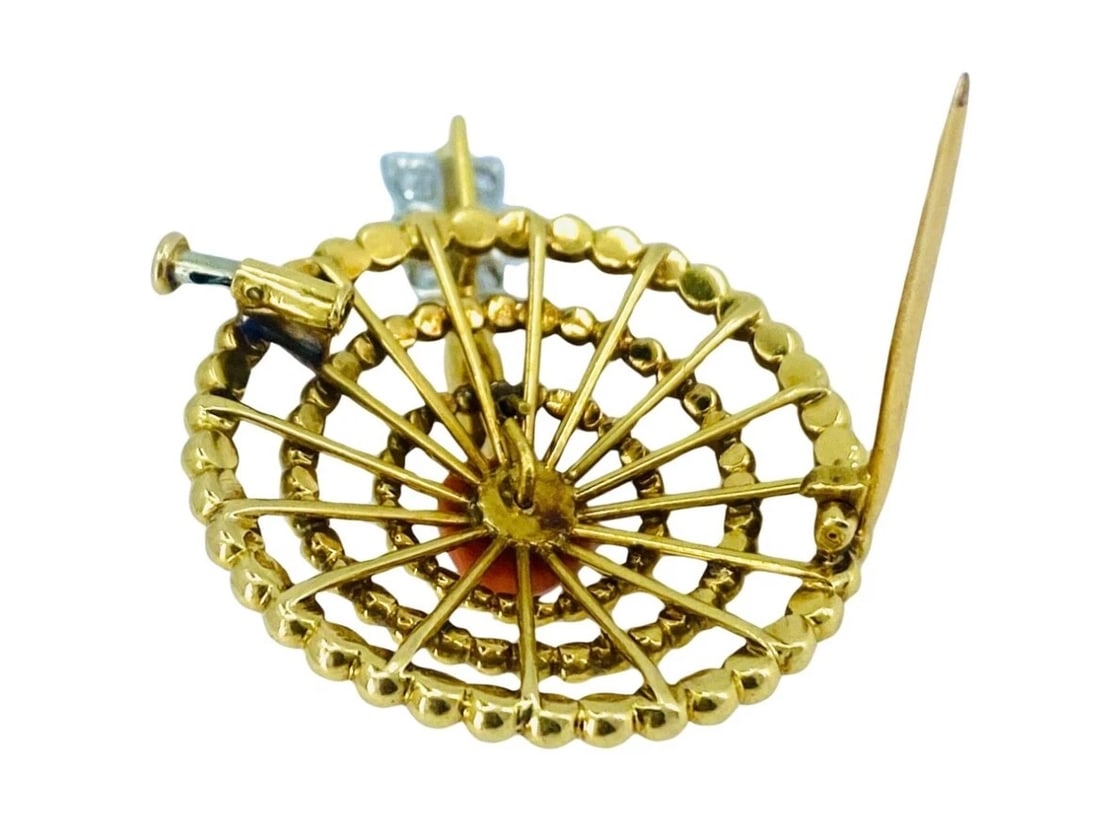 French Vintage Gold Brooch Coral Heart Diamond - 3