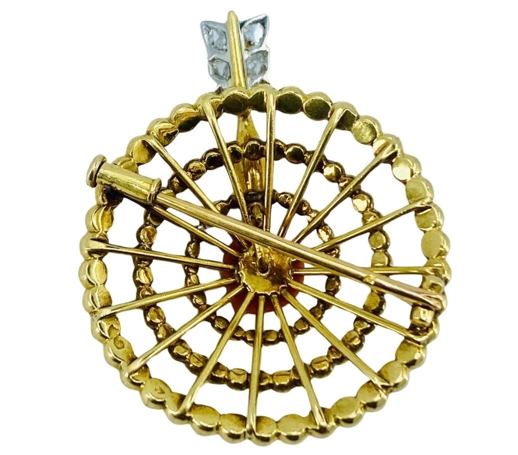 French Vintage Gold Brooch Coral Heart Diamond - 4
