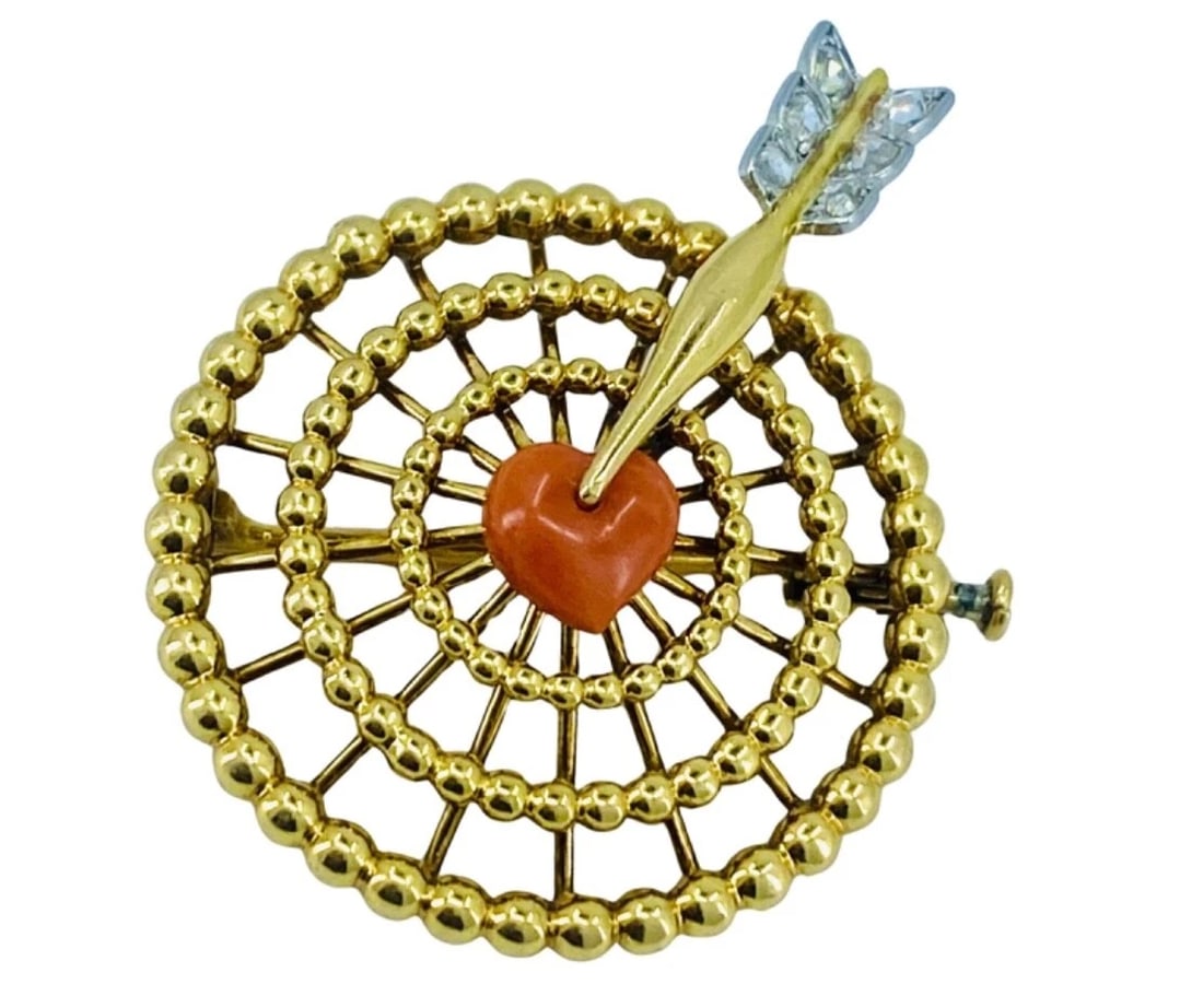 French Vintage Gold Brooch Coral Heart Diamond - 5