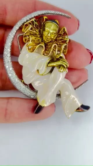 Pierrot Lunaire Vintage BROOCH 18k Gold Enamel Diamond Estate Jewelry - 2