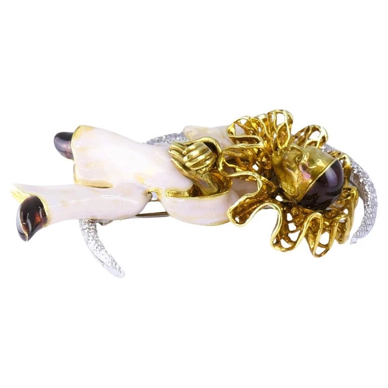 Pierrot Lunaire Vintage BROOCH 18k Gold Enamel Diamond Estate Jewelry - 4