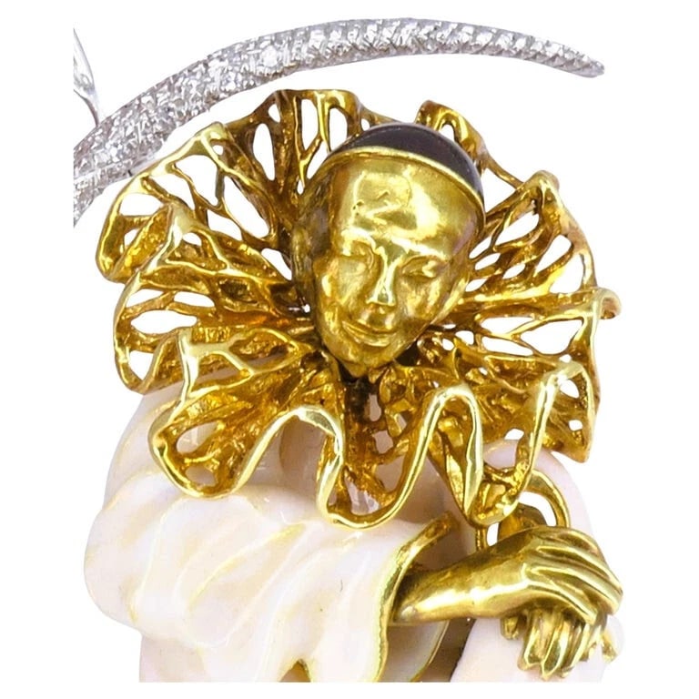 Pierrot Lunaire Vintage BROOCH 18k Gold Enamel Diamond Estate Jewelry - 8