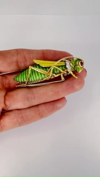David Webb Vintage BROOCH Gold Grasshopper Enamel Gemstones Estate Jewelry - 2