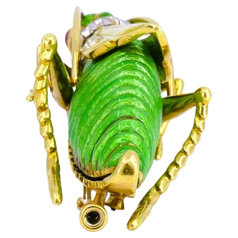 David Webb Vintage BROOCH Gold Grasshopper Enamel Gemstones Estate Jewelry - 6