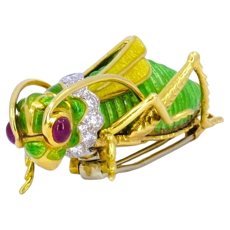 David Webb Vintage BROOCH Gold Grasshopper Enamel Gemstones Estate Jewelry - 9
