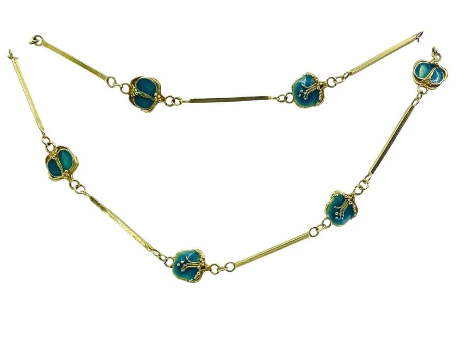 Jane Allen Art Nouveau Gold Enamel Necklace: Title: Jane Allen Art Nouveau Gold Enamel Necklace Description: N Product details: DESNER: ane Allen CRCA: 1970’s MATERALS: 18k Yellow old EMSTONE: Enamel WEHT: 38 grams MEASREMENTS: The
