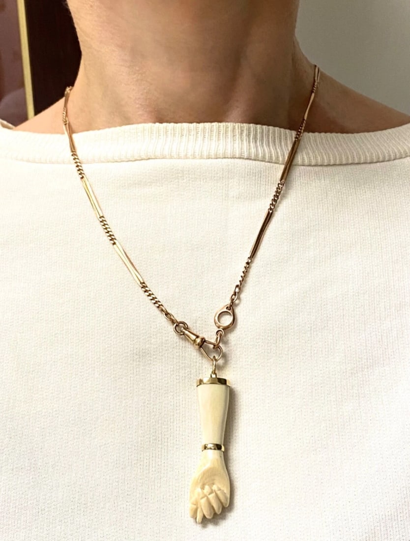 Victorian 10k Gold Chain Figa Pendant Necklace - 2