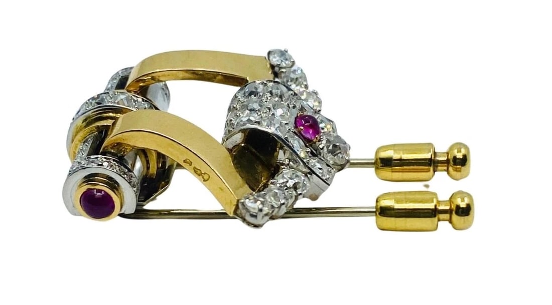 Mellerio Retro Yellow and White 18k Gold Diamond Ruby Brooch - 4