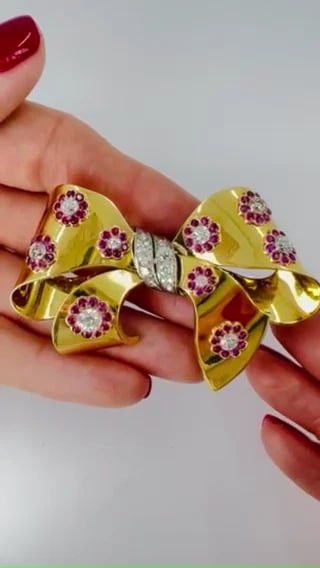 Retro Bow BROOCH Pin 18k Gold Ruby Diamond Estate Jewelry - 2