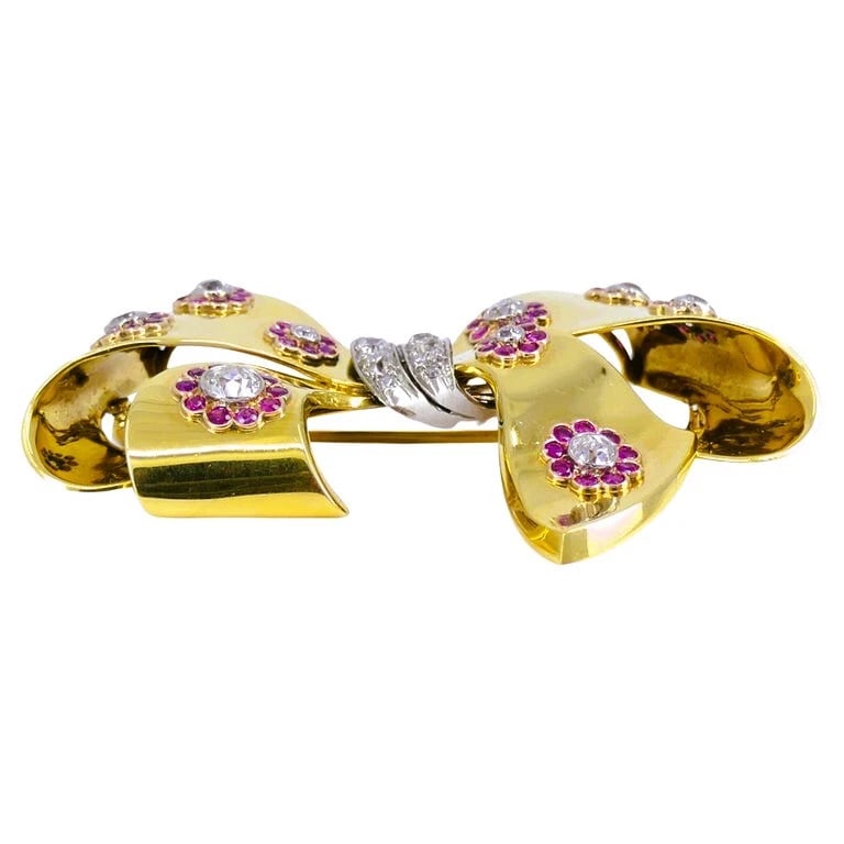 Retro Bow BROOCH Pin 18k Gold Ruby Diamond Estate Jewelry - 3