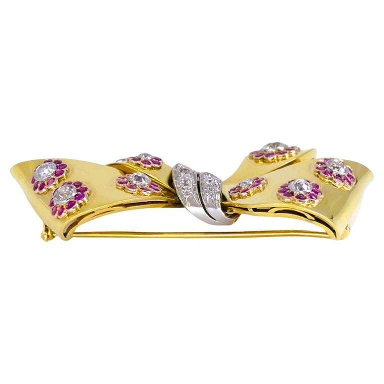 Retro Bow BROOCH Pin 18k Gold Ruby Diamond Estate Jewelry - 4