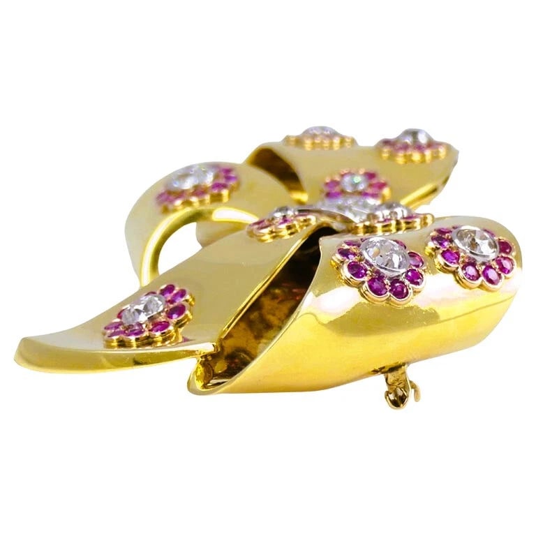 Retro Bow BROOCH Pin 18k Gold Ruby Diamond Estate Jewelry - 5
