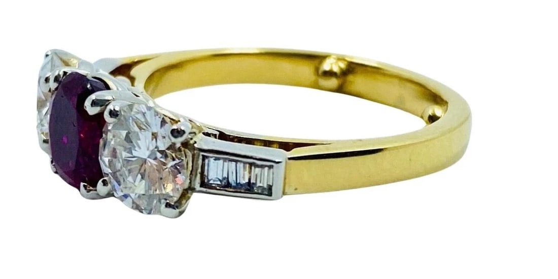 Vintage Three Stone Ring Gold Ruby and Diamond Engagement - 4