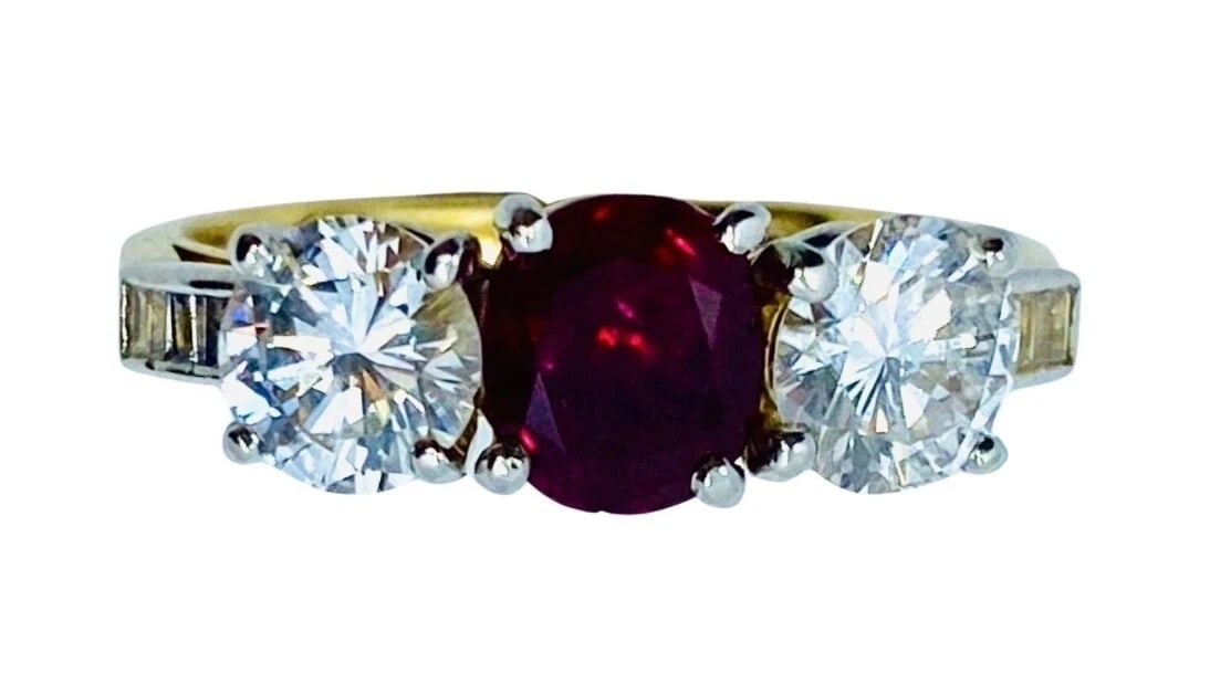 Vintage Three Stone Ring Gold Ruby and Diamond Engagement - 6