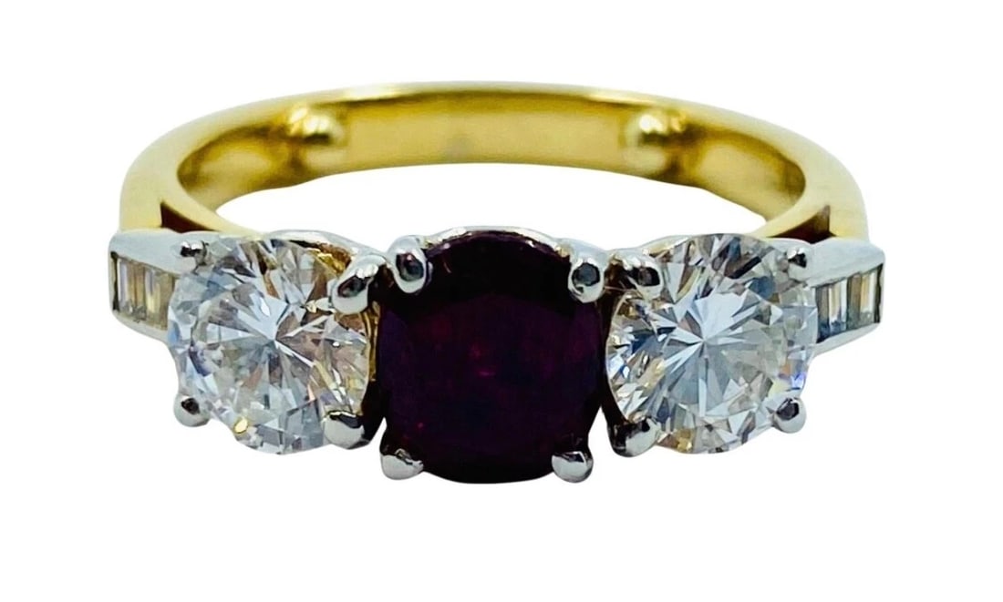 Vintage Three Stone Ring Gold Ruby and Diamond Engagement - 8