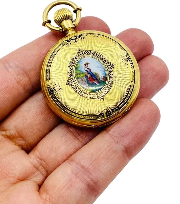 Breitling Laederich Antique Pocket Watch 18k Gold Enamel - 2