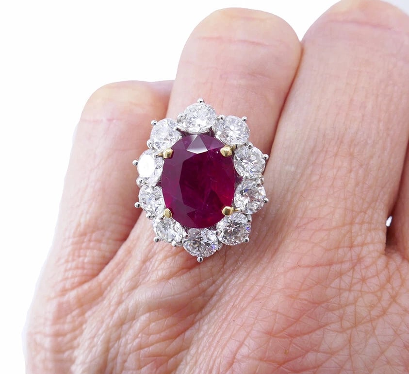 Vintage Burma Ruby Diamond Gold Cluster RING AGL Estate Jewelry - 3