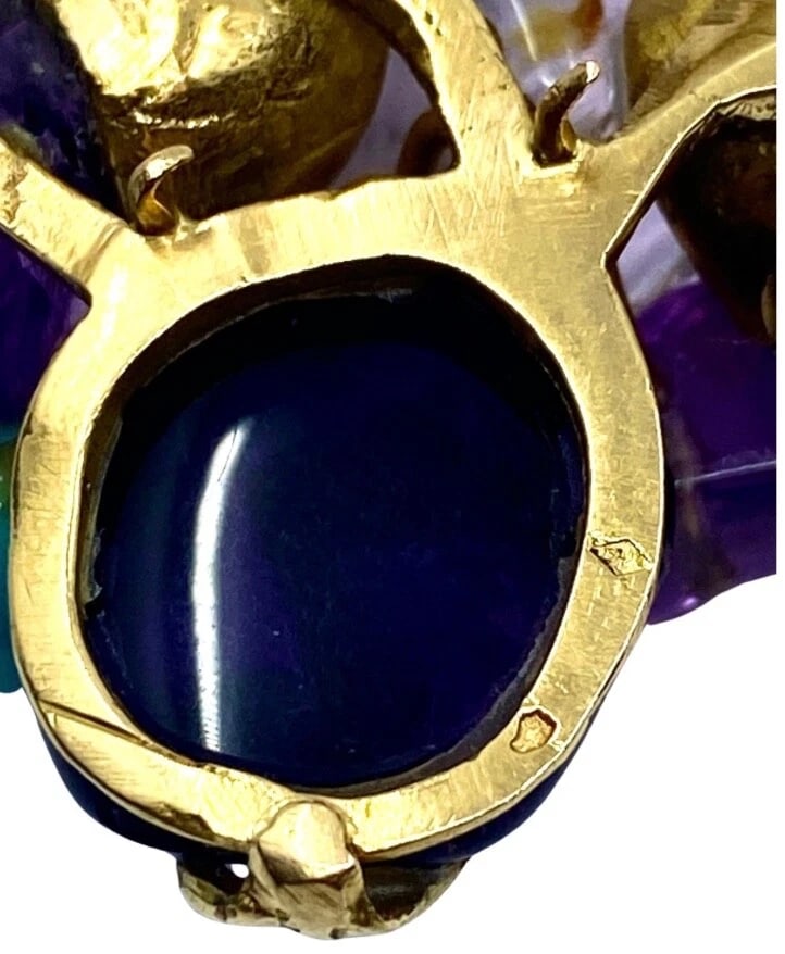 French Vintage 18k Gold Brooch Amethyst Turquoise - 10