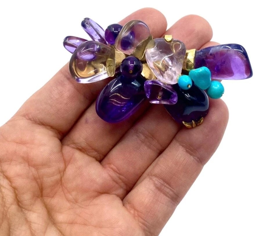 French Vintage 18k Gold Brooch Amethyst Turquoise - 3