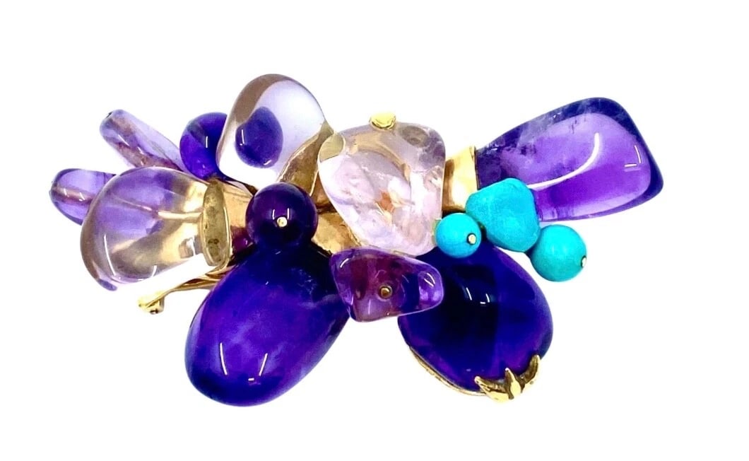 French Vintage 18k Gold Brooch Amethyst Turquoise - 4