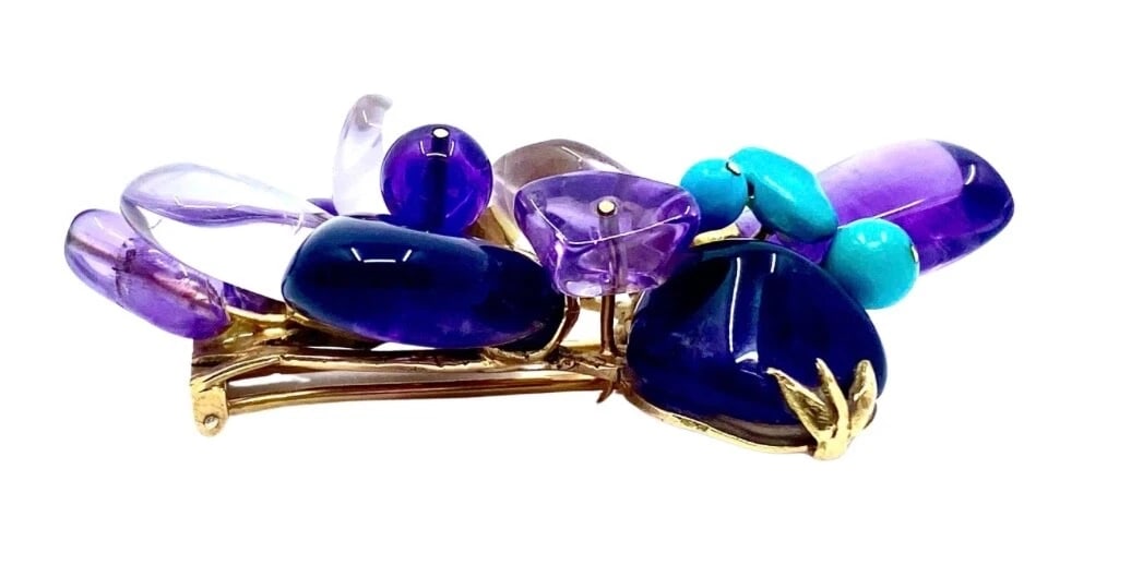 French Vintage 18k Gold Brooch Amethyst Turquoise - 5
