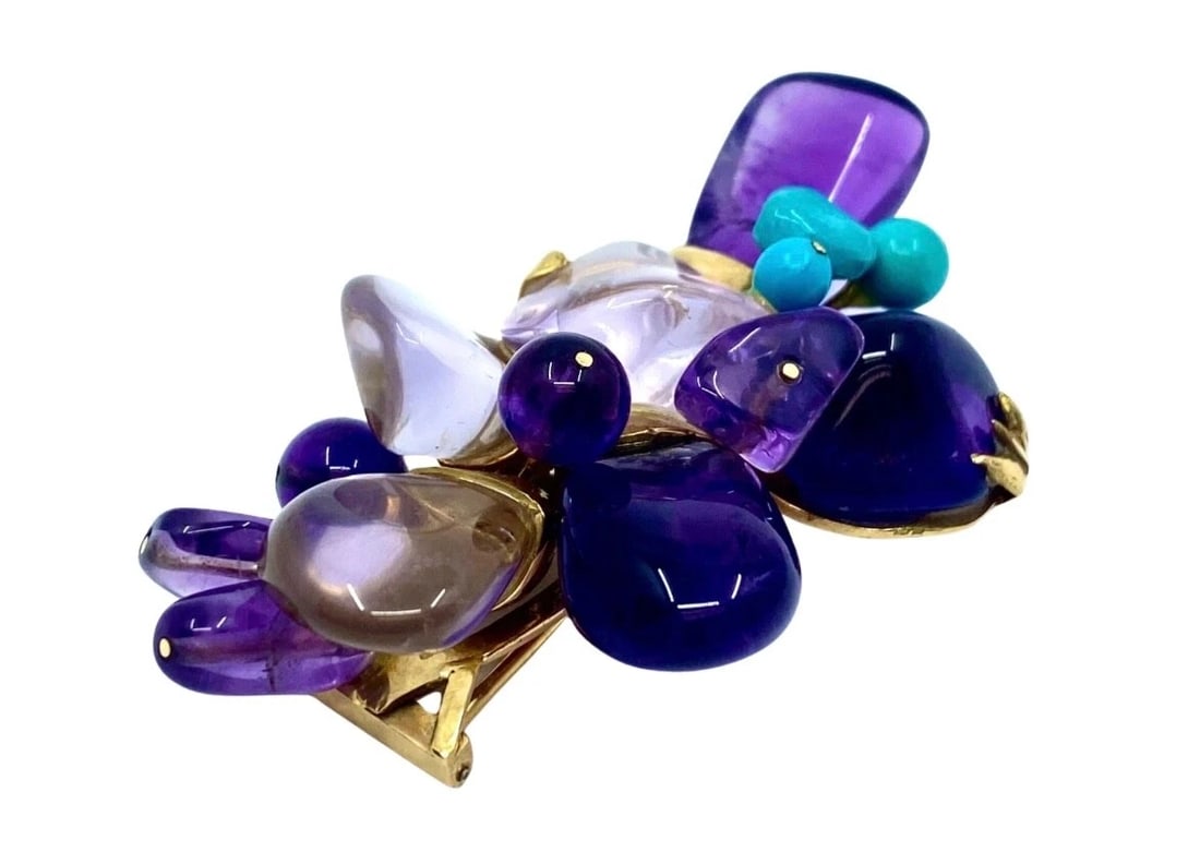 French Vintage 18k Gold Brooch Amethyst Turquoise - 6