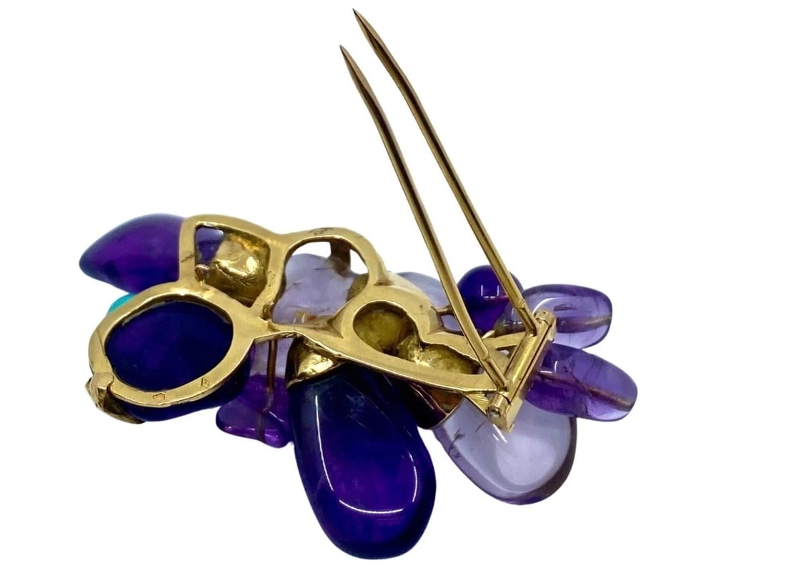 French Vintage 18k Gold Brooch Amethyst Turquoise - 8