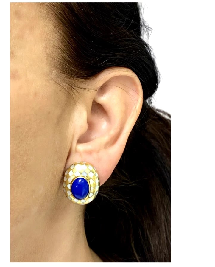 Angela Cummings Earrings Inlaid 18k Gold Lapis Pearl - 3