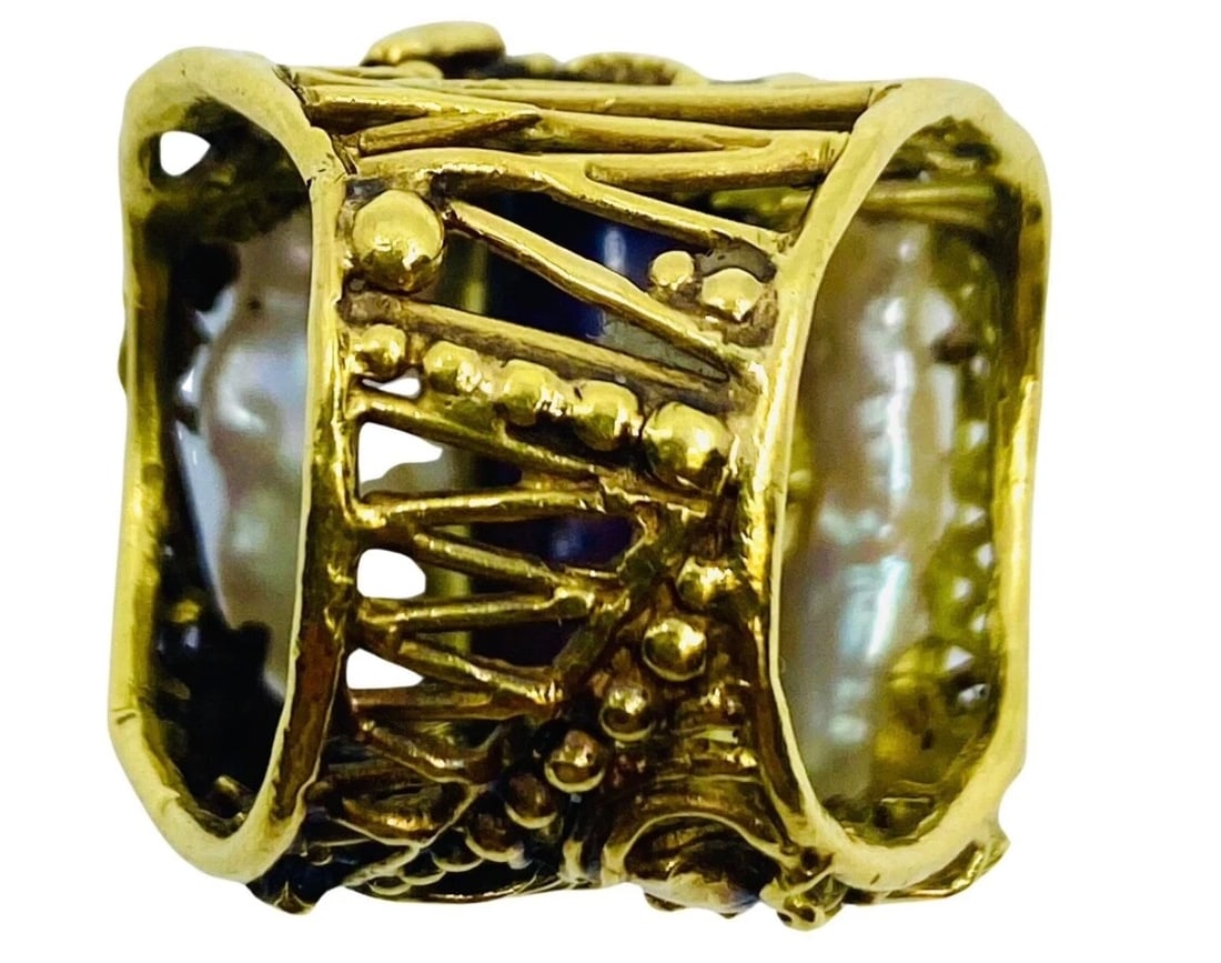 Whimsical Artisan Ring Pearl Gemstones 18k Gold - 10