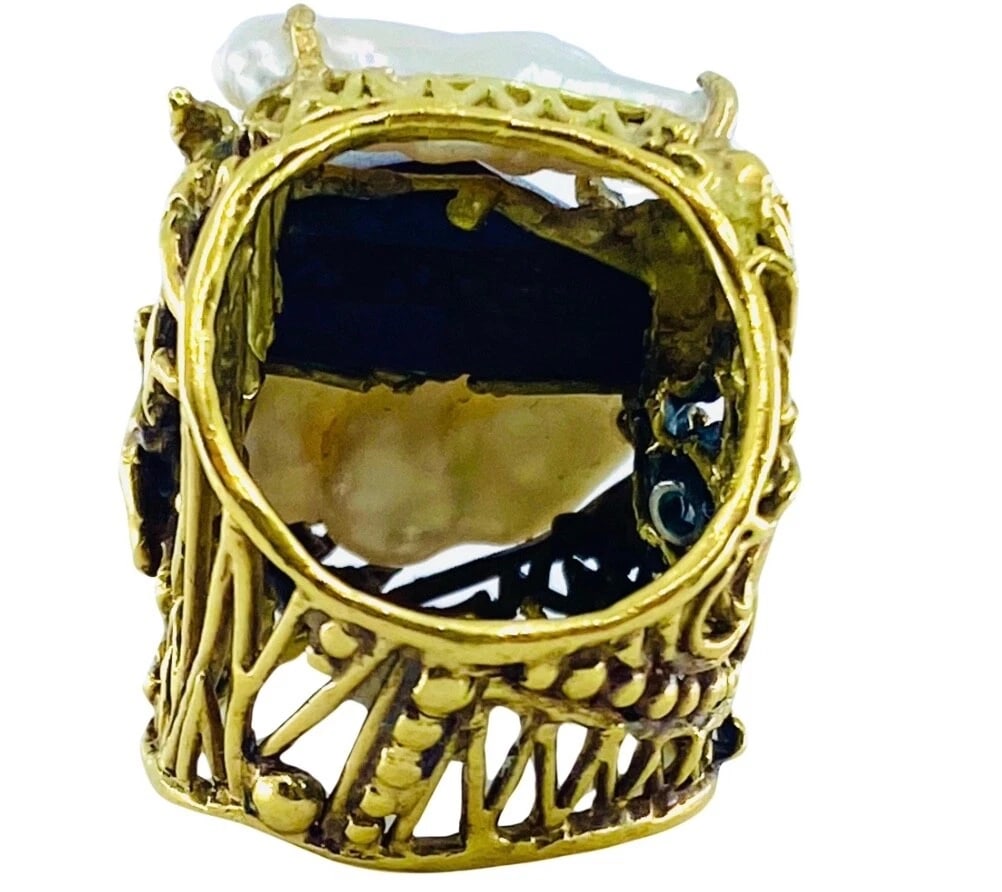 Whimsical Artisan Ring Pearl Gemstones 18k Gold - 11