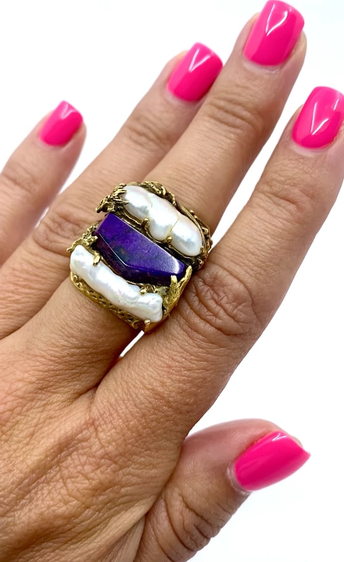 Whimsical Artisan Ring Pearl Gemstones 18k Gold - 2